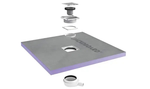 Composants d'un receveur à carreler Jackoboard, prêts pour une installation facile et une douche moderne.