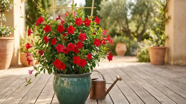 Un dipladenia rouge éclatant, prêt pour une belle exposition ensoleillée, dans un pot vert émeraude sur une terrasse en bois.